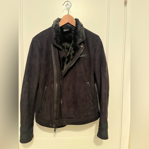 Armani Exchange Black Biker Jacket with Faux Fur/Shearling Lining